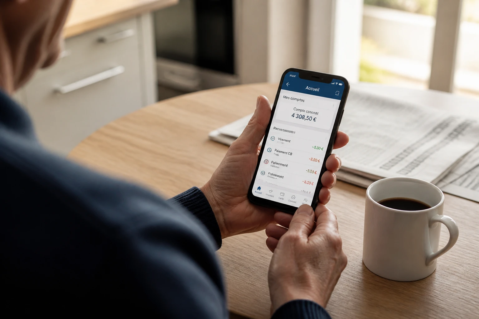 Personne consultant son solde bancaire sur smartphone le matin pour vérifier un virement France Travail