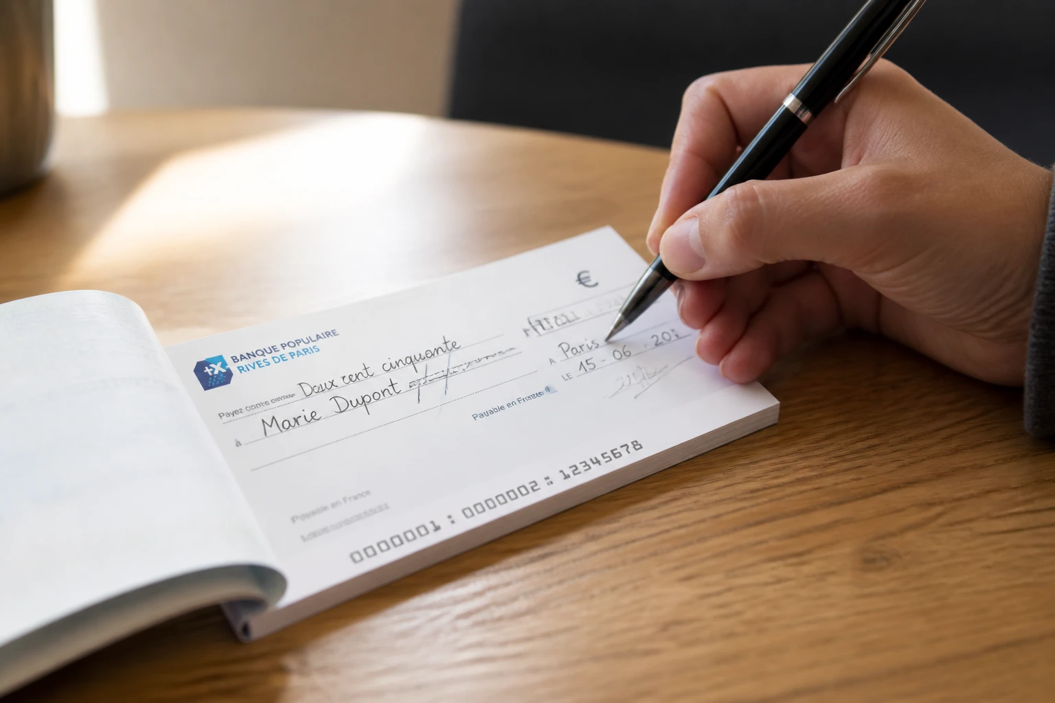 Main remplissant au stylo un chèque bancaire français posé sur une table en bois