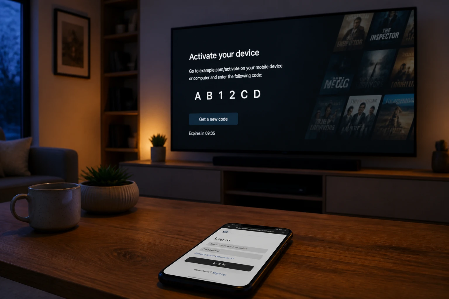Écran de télévision affichant un code d'activation à côté d'un smartphone sur une table basse