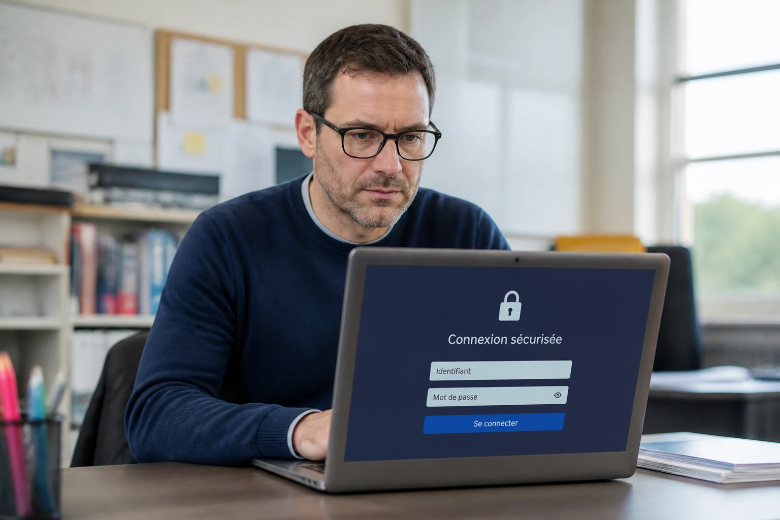 Enseignant se connectant au portail académique Eduline sur son ordinateur portable dans un bureau