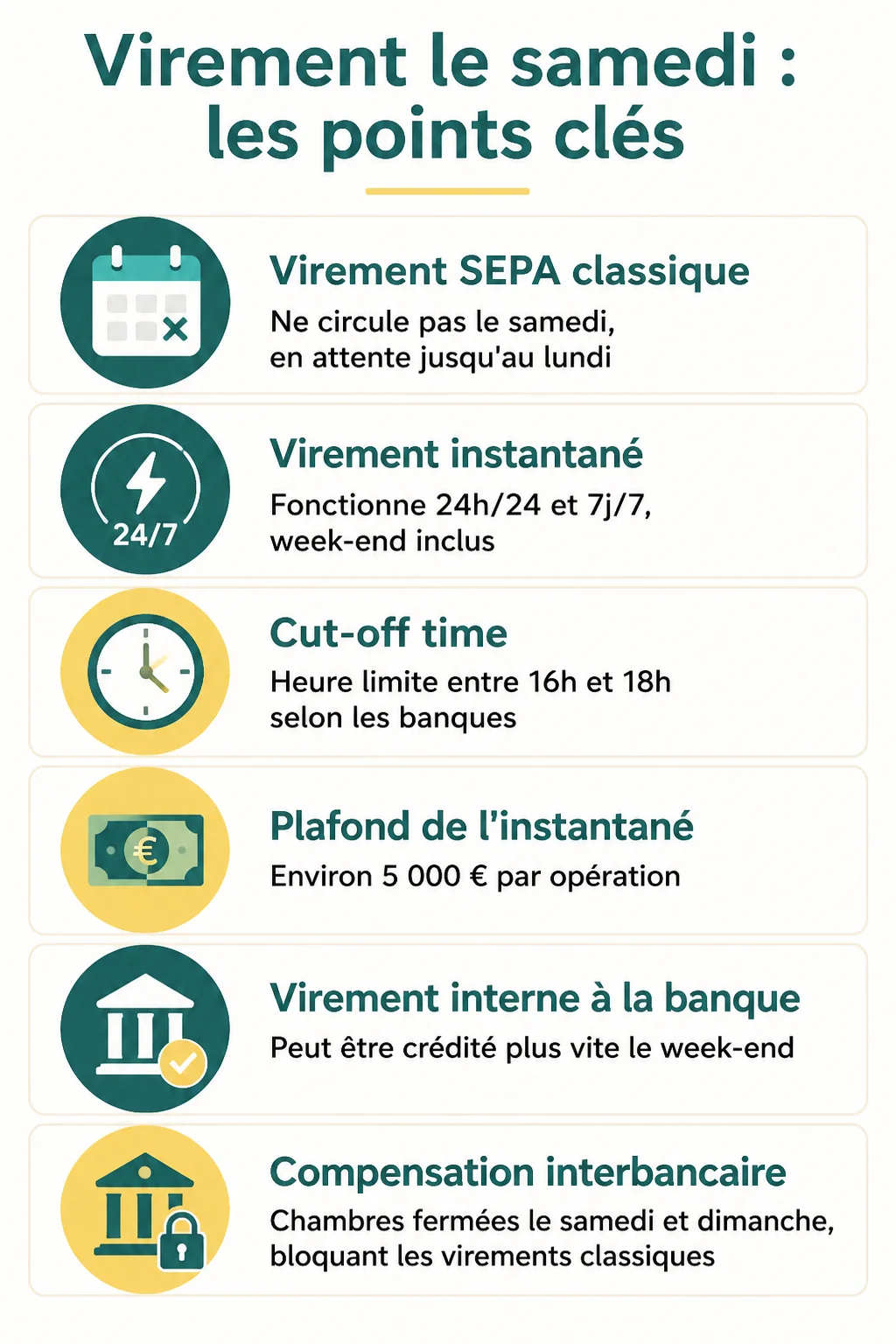 Virement le samedi : les points clés : Virement SEPA classique, Virement instantané, Cut-off time, Plafond de l'instantané, Virement interne à la banque, Compensation interbancaire