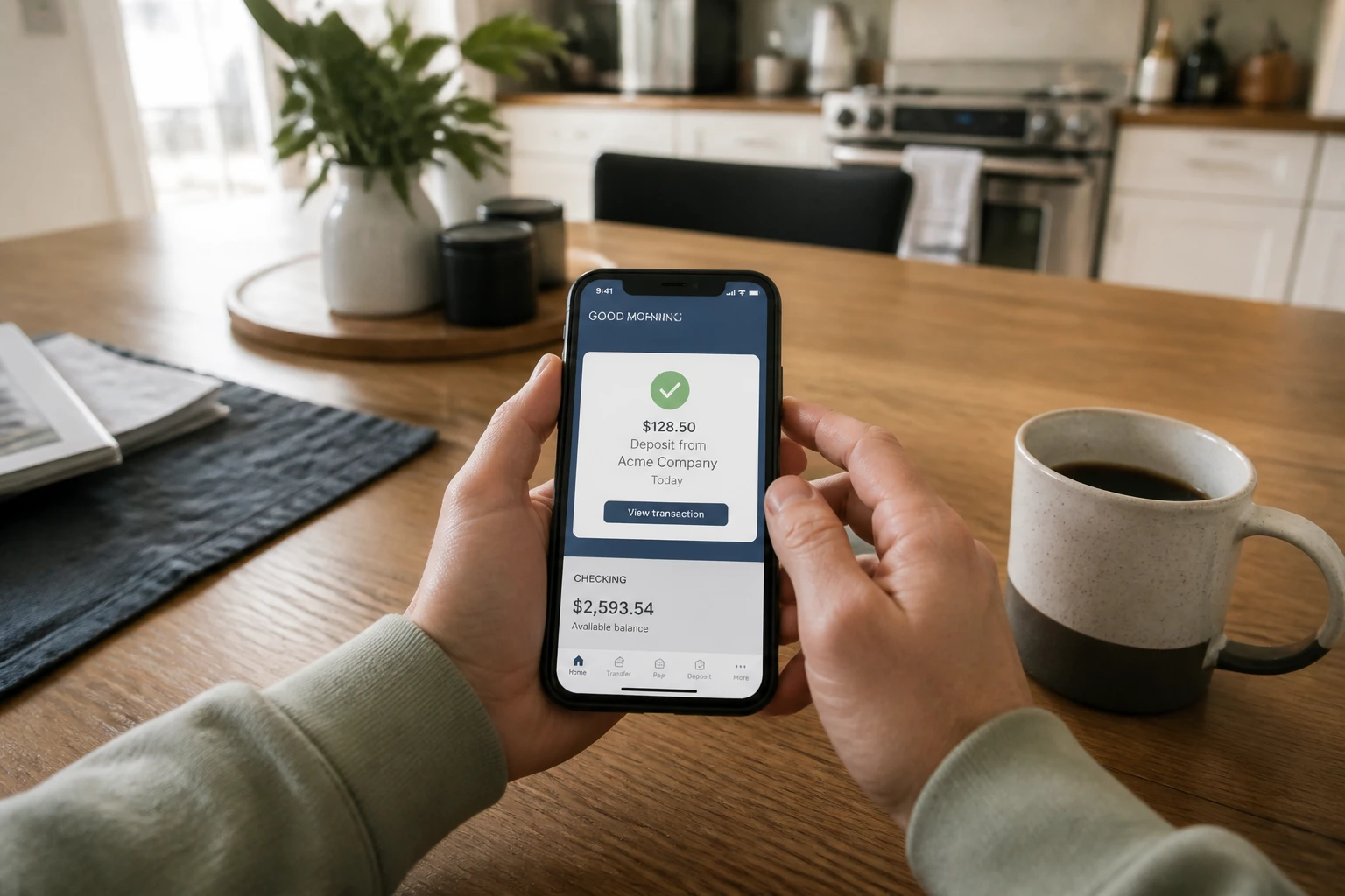 Personne consultant une notification de virement bancaire sur son smartphone un samedi matin