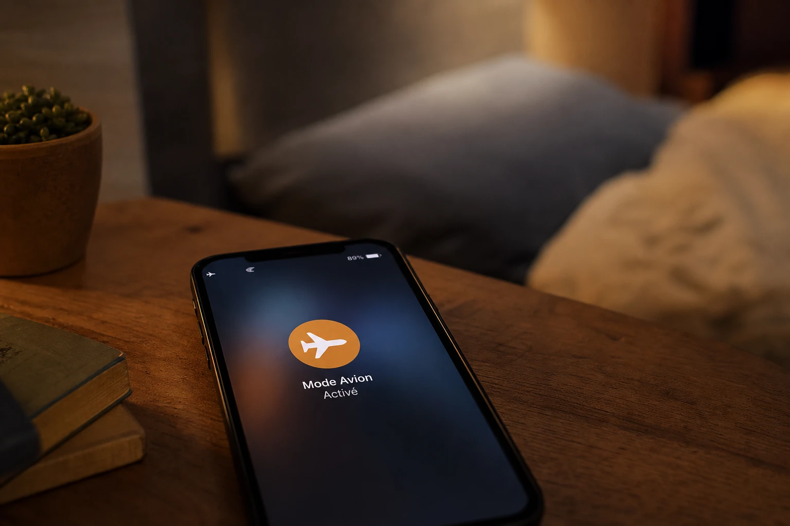 Smartphone en mode avion posé sur une table pour ne plus émettre d'ondes radio