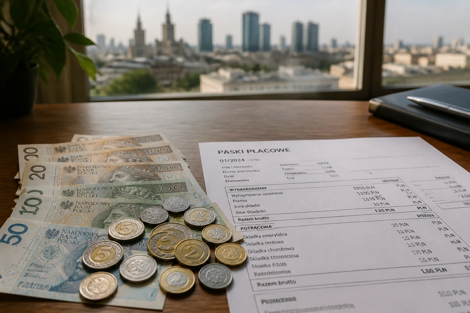 Billets et pièces de zlotys polonais posés sur un bureau à côté d'une fiche de paie