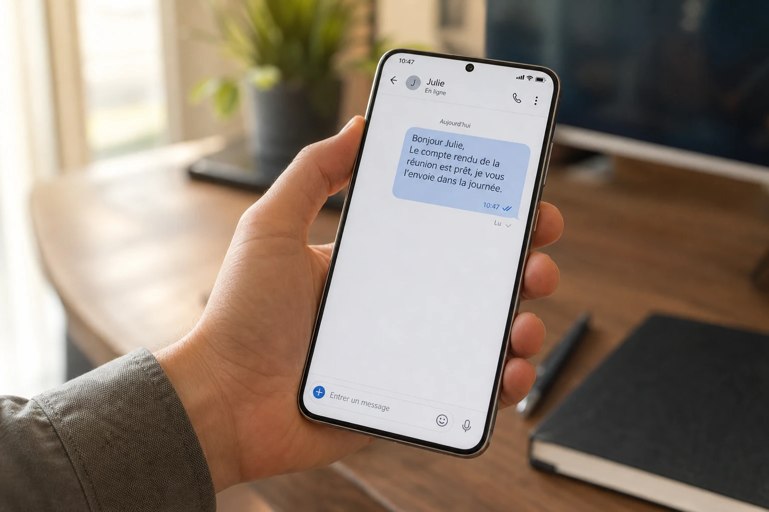 Smartphone Samsung Galaxy affichant un SMS avec statut de lecture sous la bulle de message