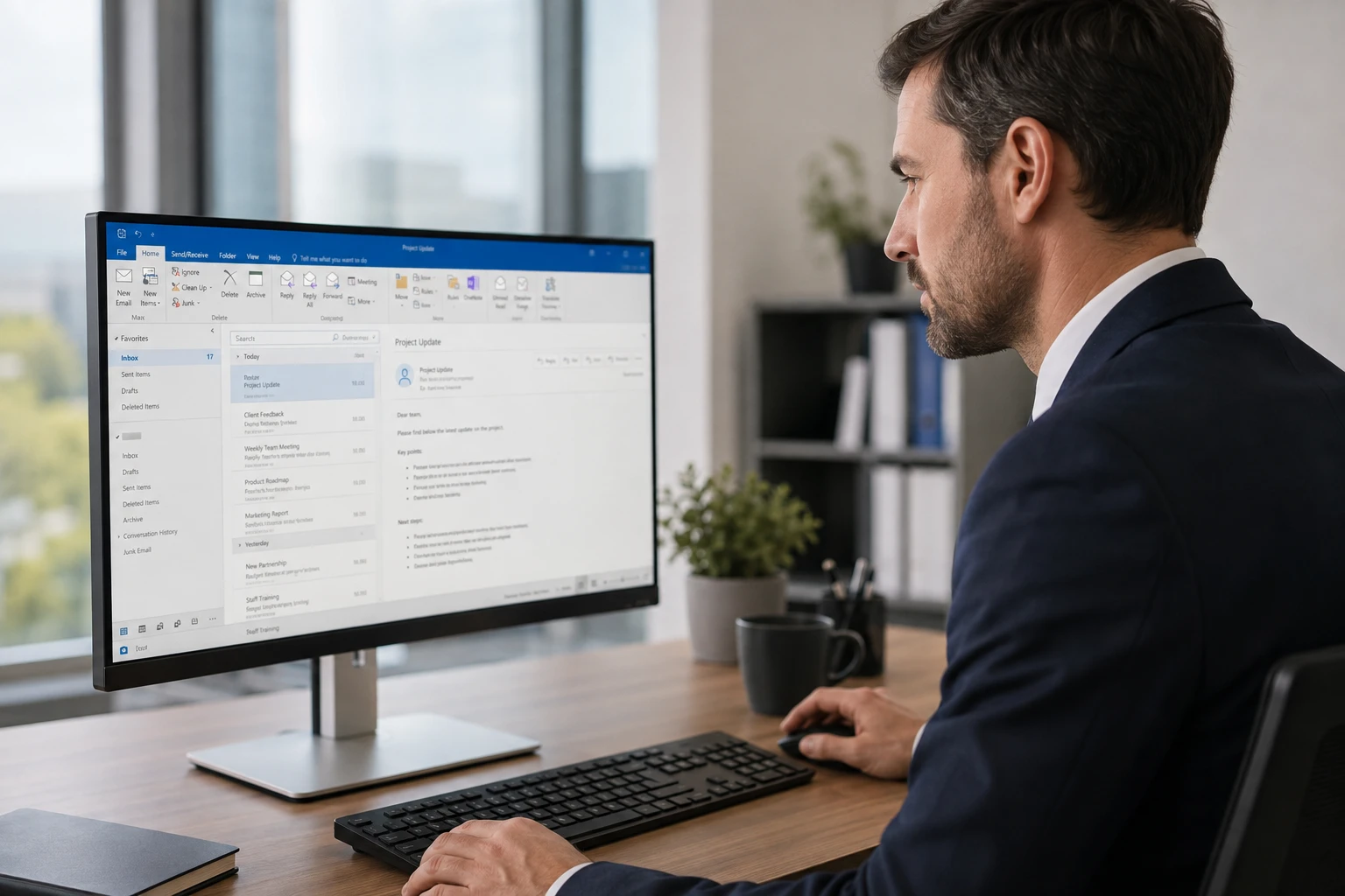 Professionnel devant son écran Outlook en train de rappeler un mail envoyé par erreur