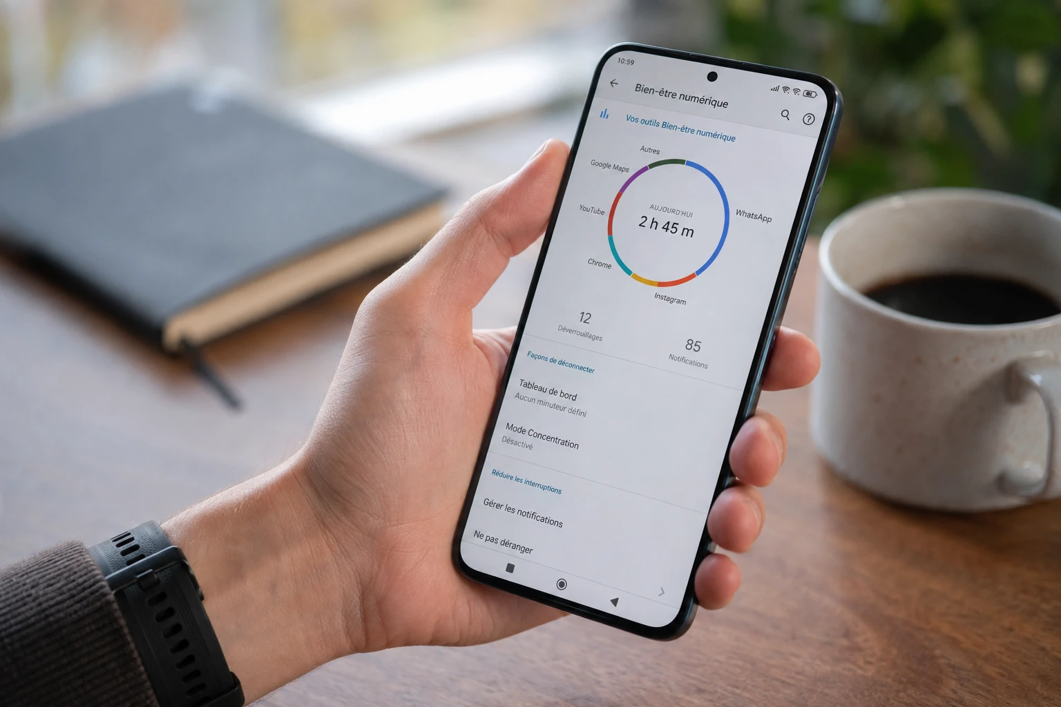 Smartphone Xiaomi affichant le tableau de bord du temps d'écran dans les paramètres bien-être numérique