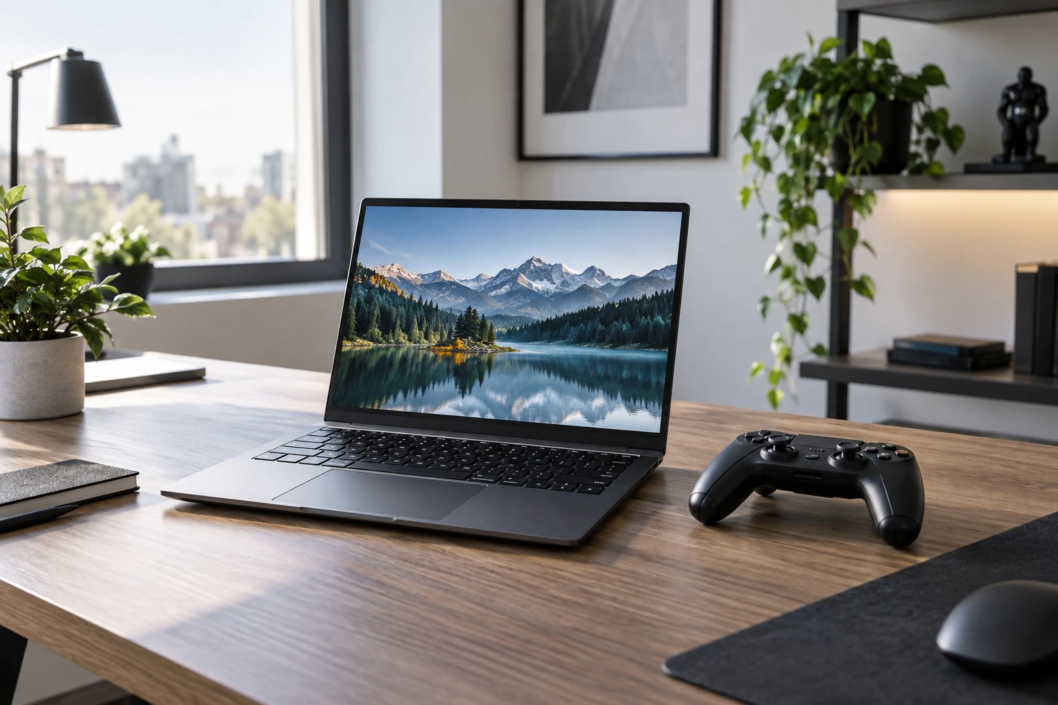 Manette de jeu sans fil posée près d'un ordinateur portable sur un bureau gaming