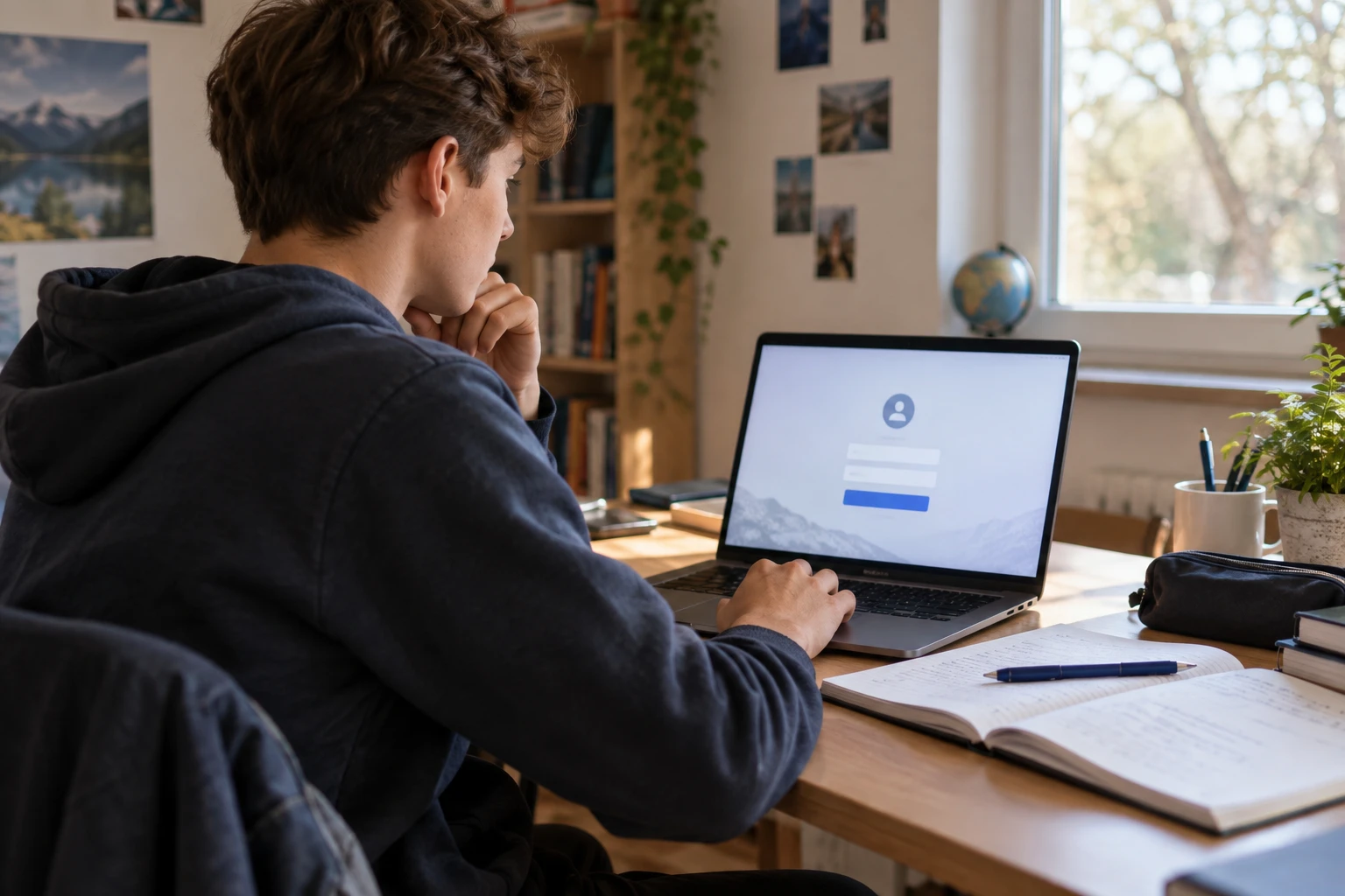 Lycéen devant un ordinateur portable sur la page de connexion d'un portail d'examens en ligne