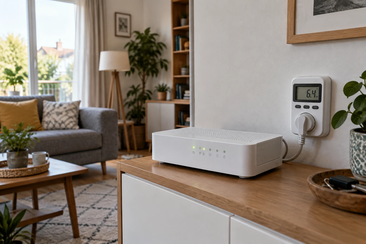 Box internet et wattmètre branché sur une prise dans un salon pour mesurer la consommation en veille