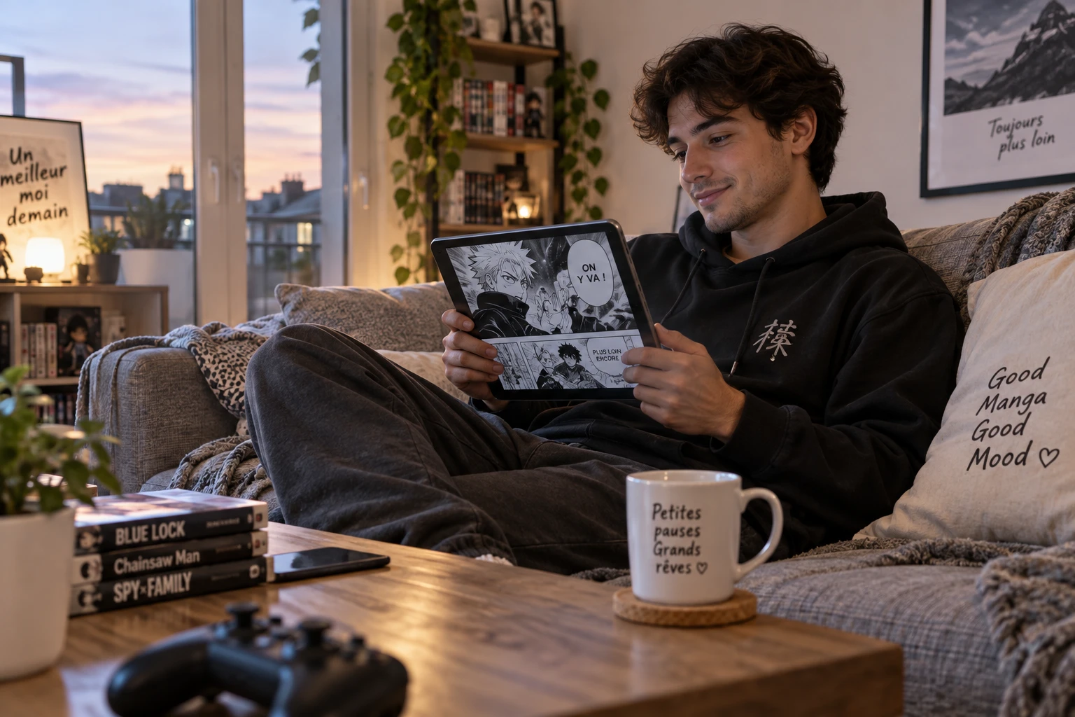 Personne lisant un manga numérique sur tablette dans un salon lumineux