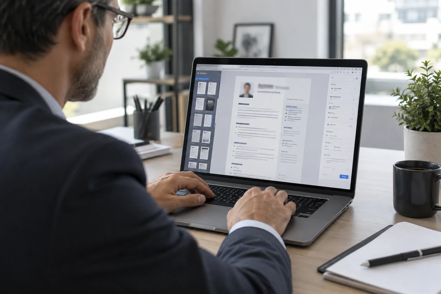 Utilisateur consultant son CV créé sur CVDesignR sur un ordinateur portable au bureau