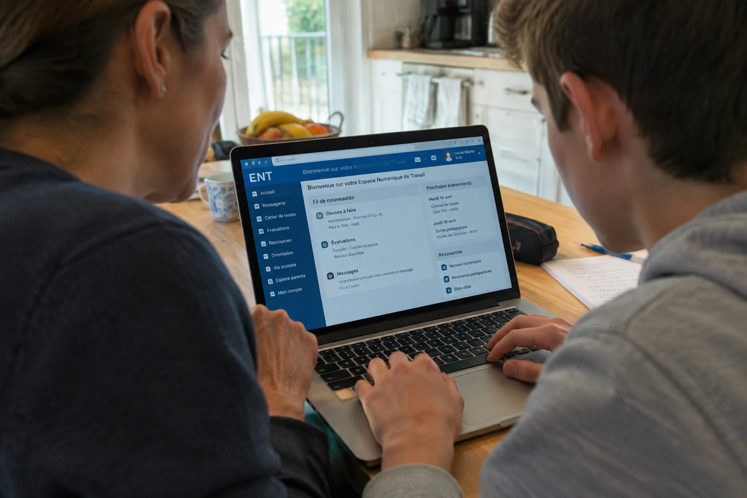 Parent et collégien consultant l'espace numérique de travail scolaire sur un ordinateur portable