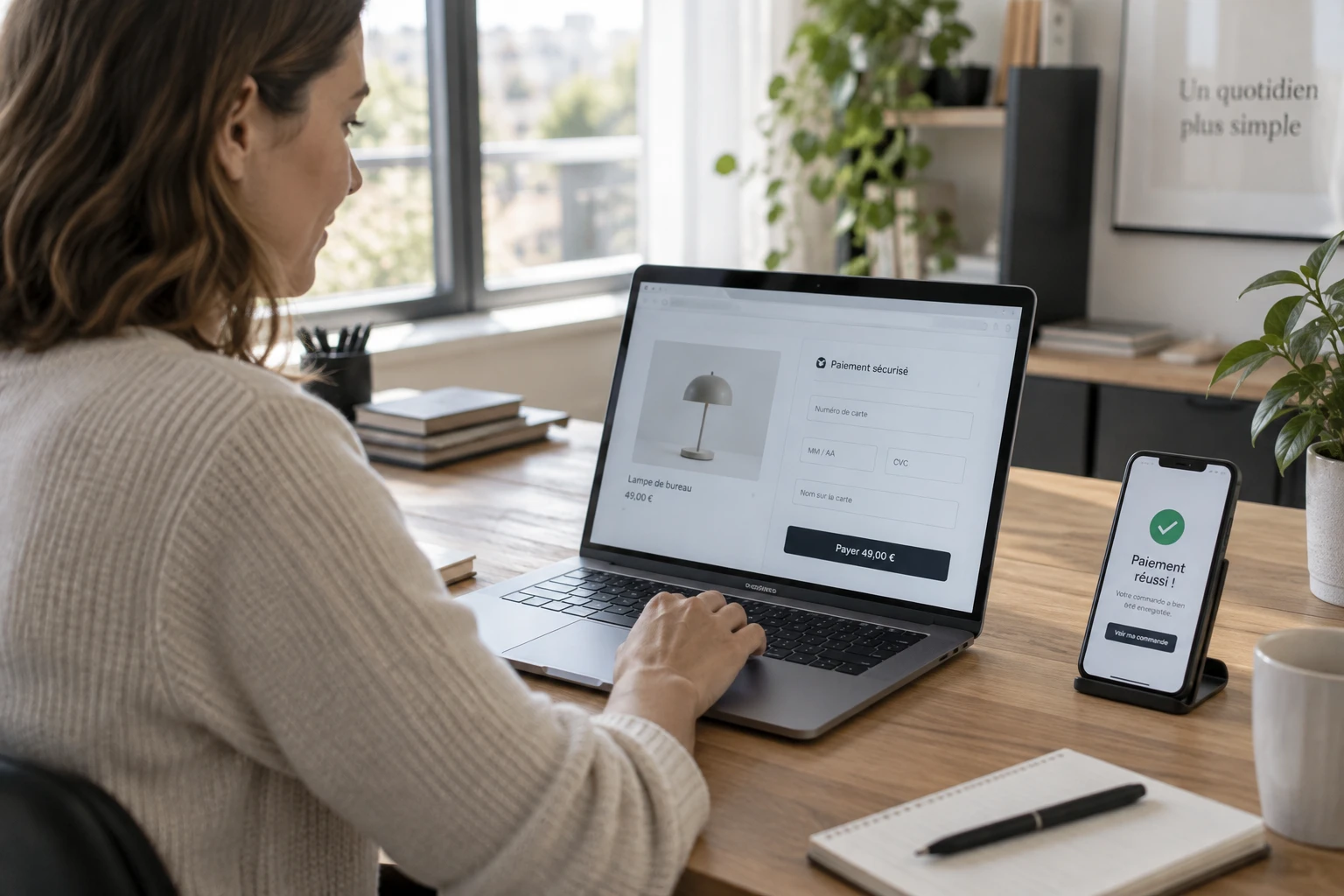 Personne validant un paiement en ligne sur ordinateur avec son smartphone à côté