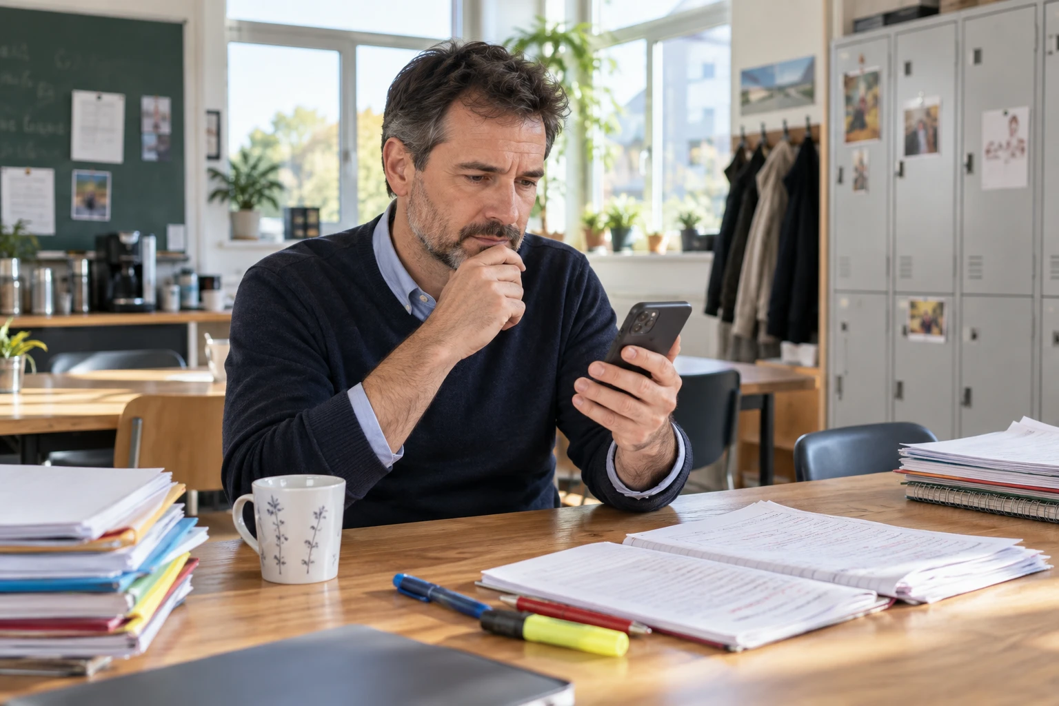 Enseignant consultant la date de versement de son salaire sur son téléphone en salle des professeurs
