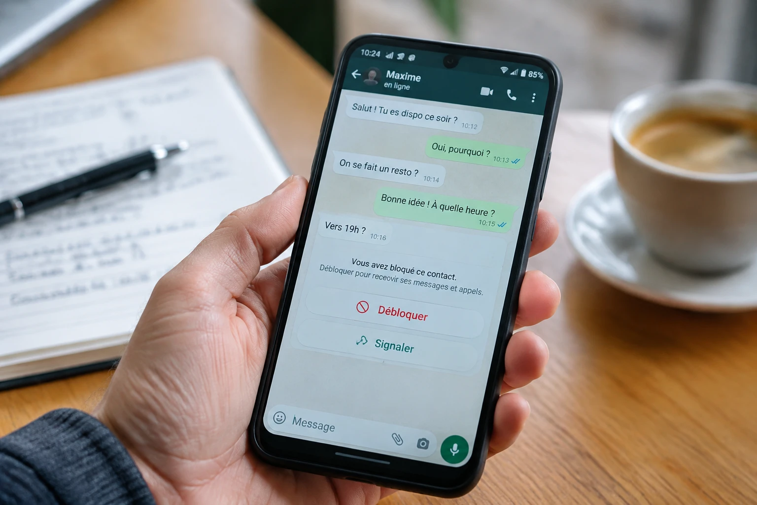 Smartphone affichant une conversation WhatsApp avec l'option de blocage d'un contact spam visible à l'écran