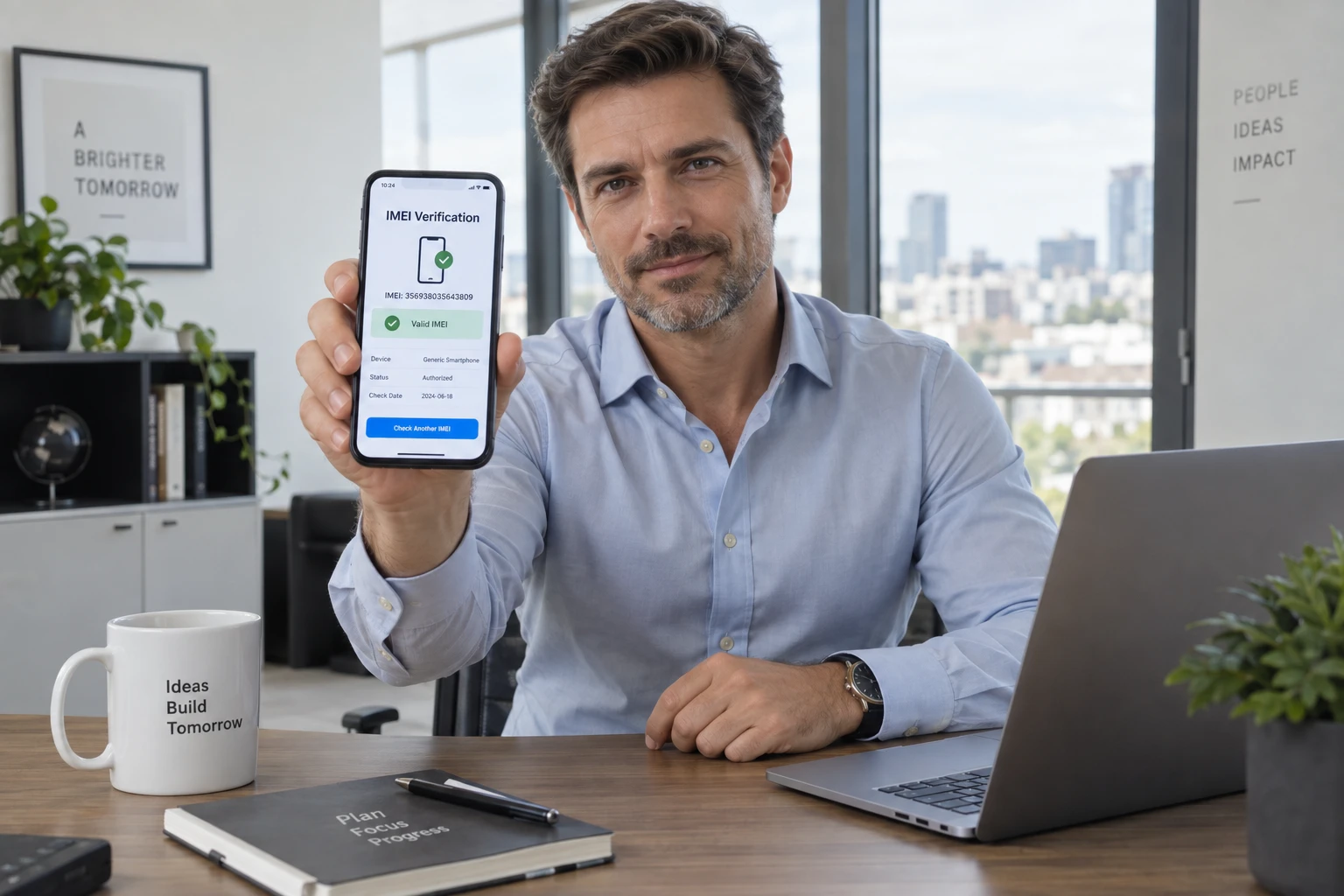 Homme vérifiant le statut IMEI blacklisté de son smartphone dans un bureau professionnel