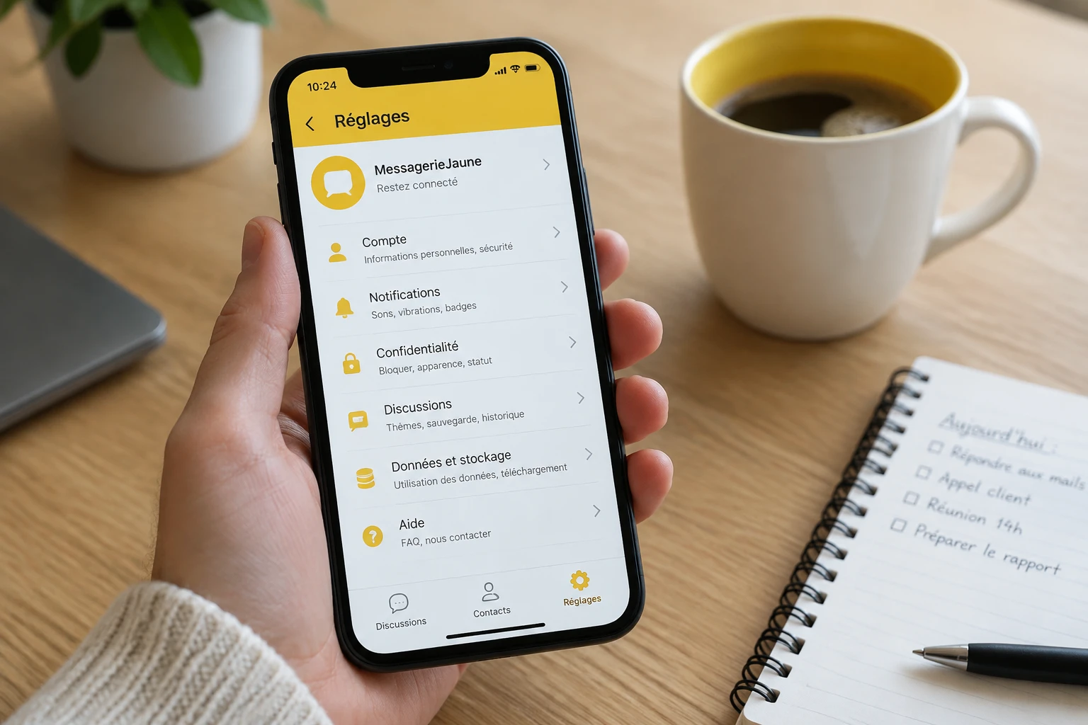 Main tenant un smartphone ouvert sur les réglages d'une application de messagerie, posé sur un bureau en bois