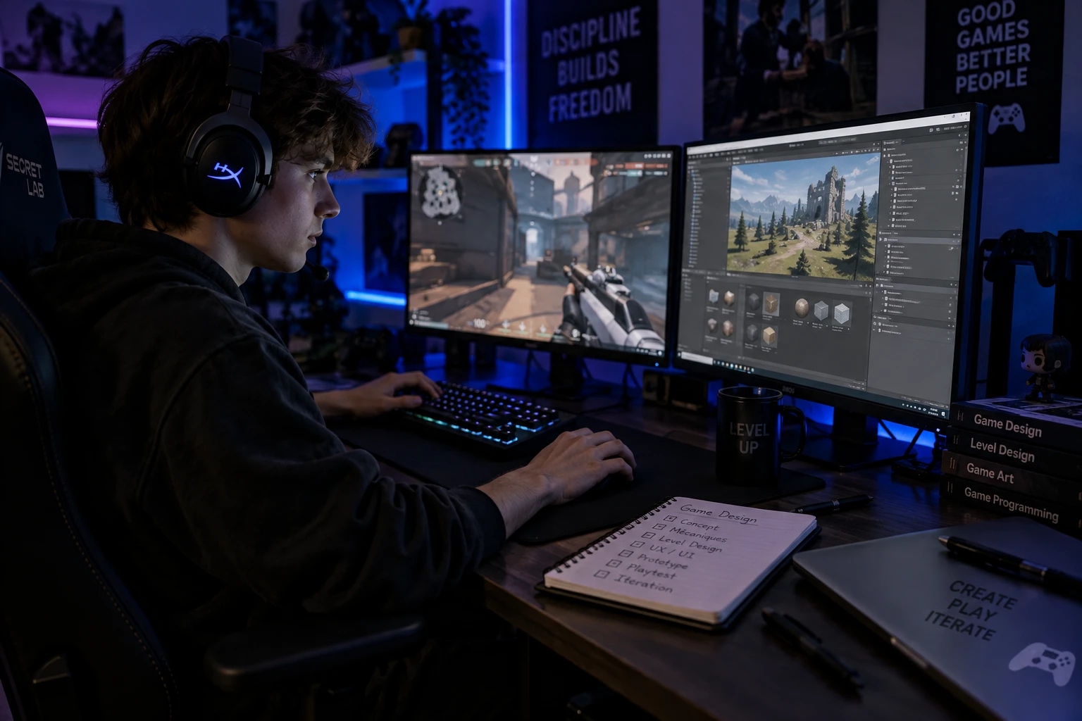 Jeune joueur devant son setup gaming avec deux écrans et un carnet de notes de game design
