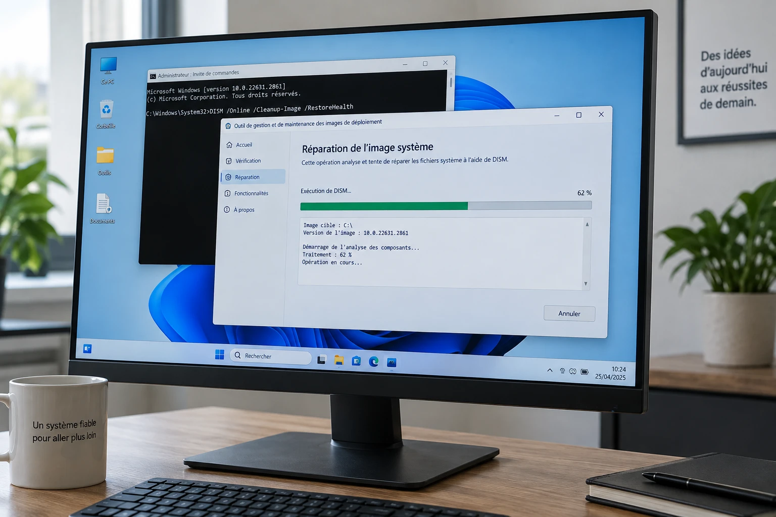 Interface graphique DISM GUI ouverte sur un écran Windows pendant une réparation système