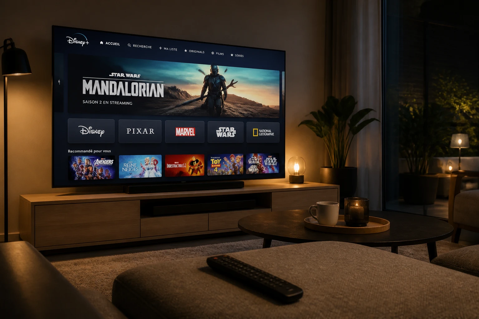 Salon avec télévision affichant l'interface de streaming Disney+ en soirée