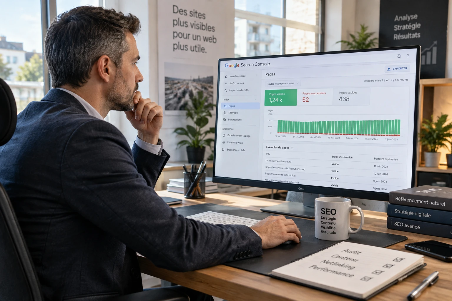 Consultant SEO analysant des rapports de duplicate content dans Google Search Console sur écran d'ordinateur