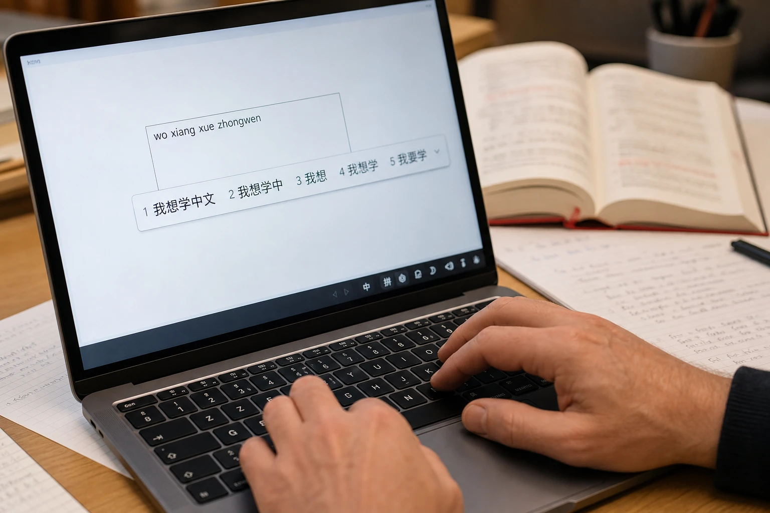 Clavier AZERTY et écran affichant une saisie pinyin convertie en sinogrammes chinois