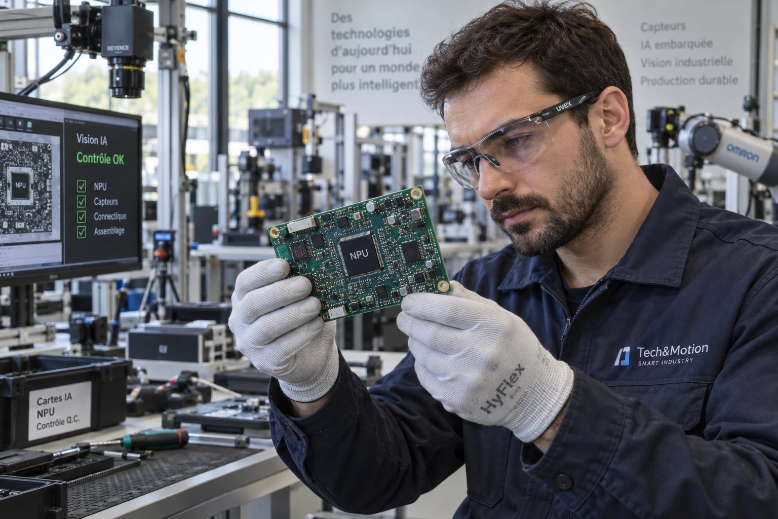 Technicien examinant une puce NPU sur une carte électronique pour l'Edge AI