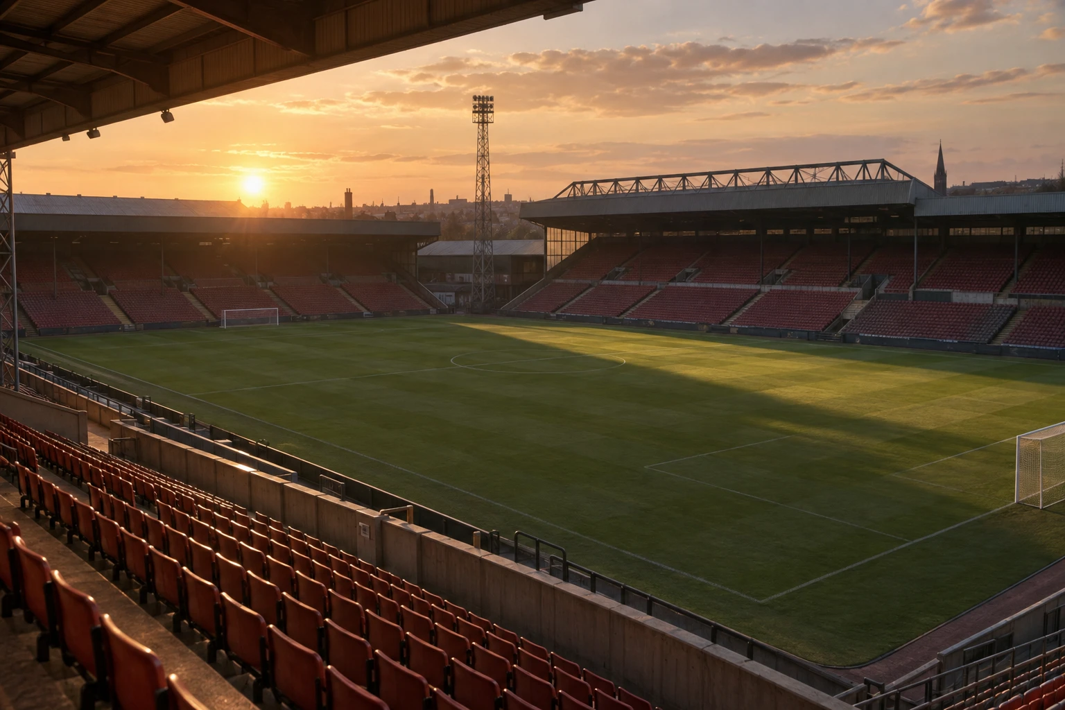 Stade de football anglais au coucher du soleil évoquant la carrière d'Éric Cantona