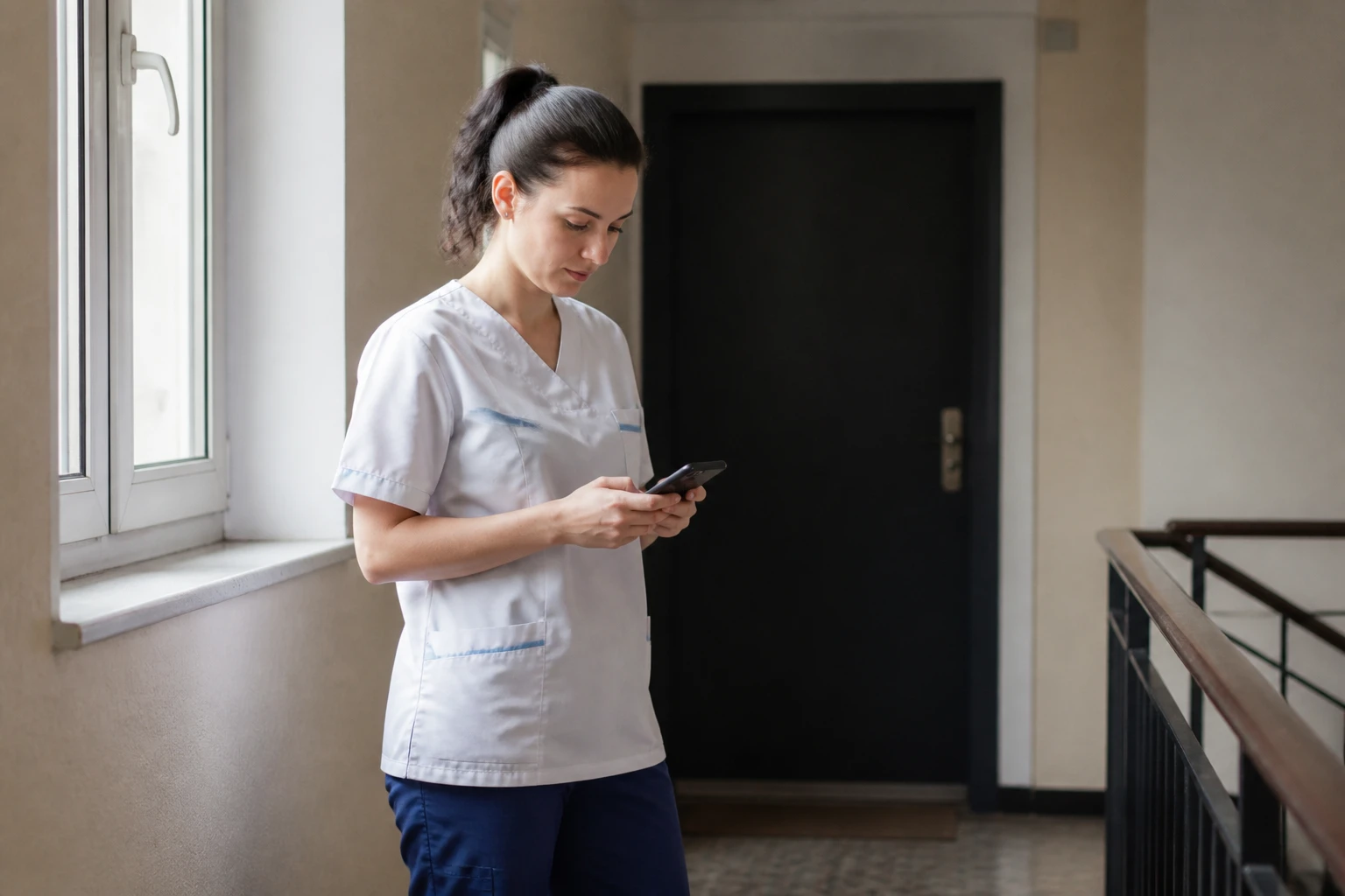 Aide à domicile ADMR consultant son planning sur smartphone professionnel