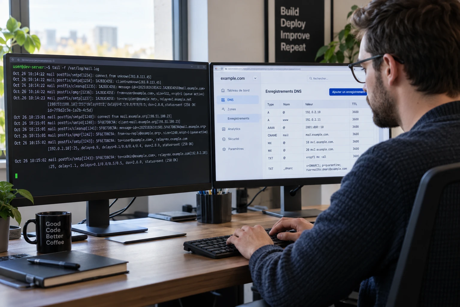 Développeur configurant les paramètres SMTP et DNS sur double écran dans un bureau