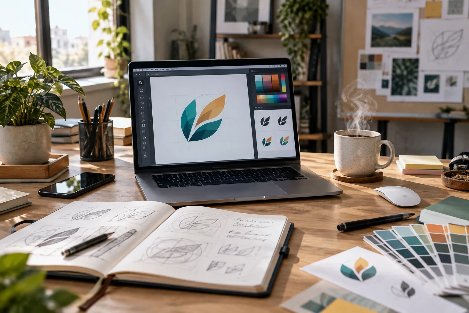 Écran d'ordinateur affichant un outil de création de logo en ligne sur un bureau de créateur
