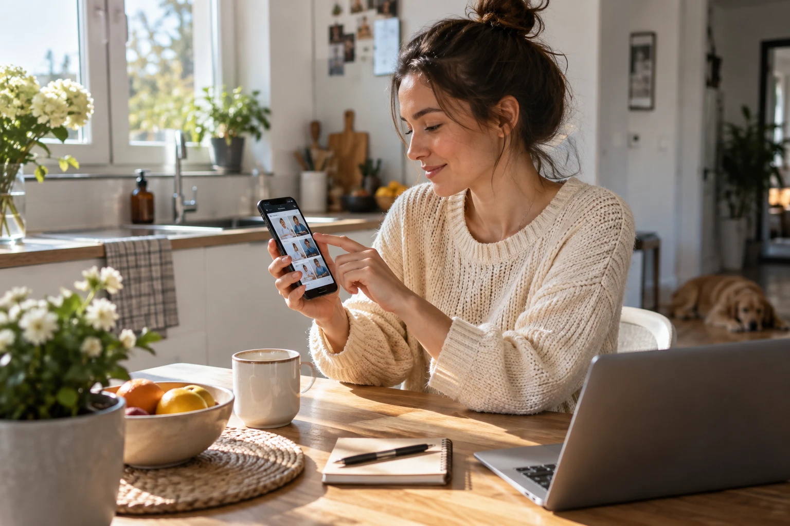 Une personne consulte une application de services à domicile sur son smartphone dans une cuisine lumineuse