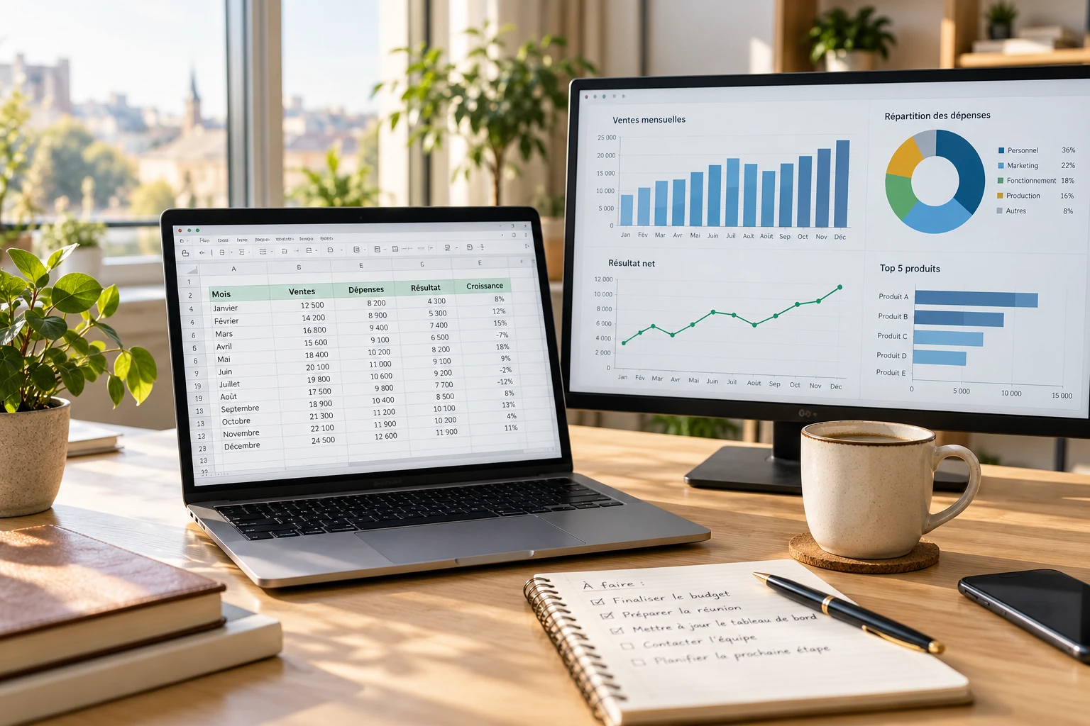 Bureau de travail avec un ordinateur portable affichant un tableur gratuit et un graphique