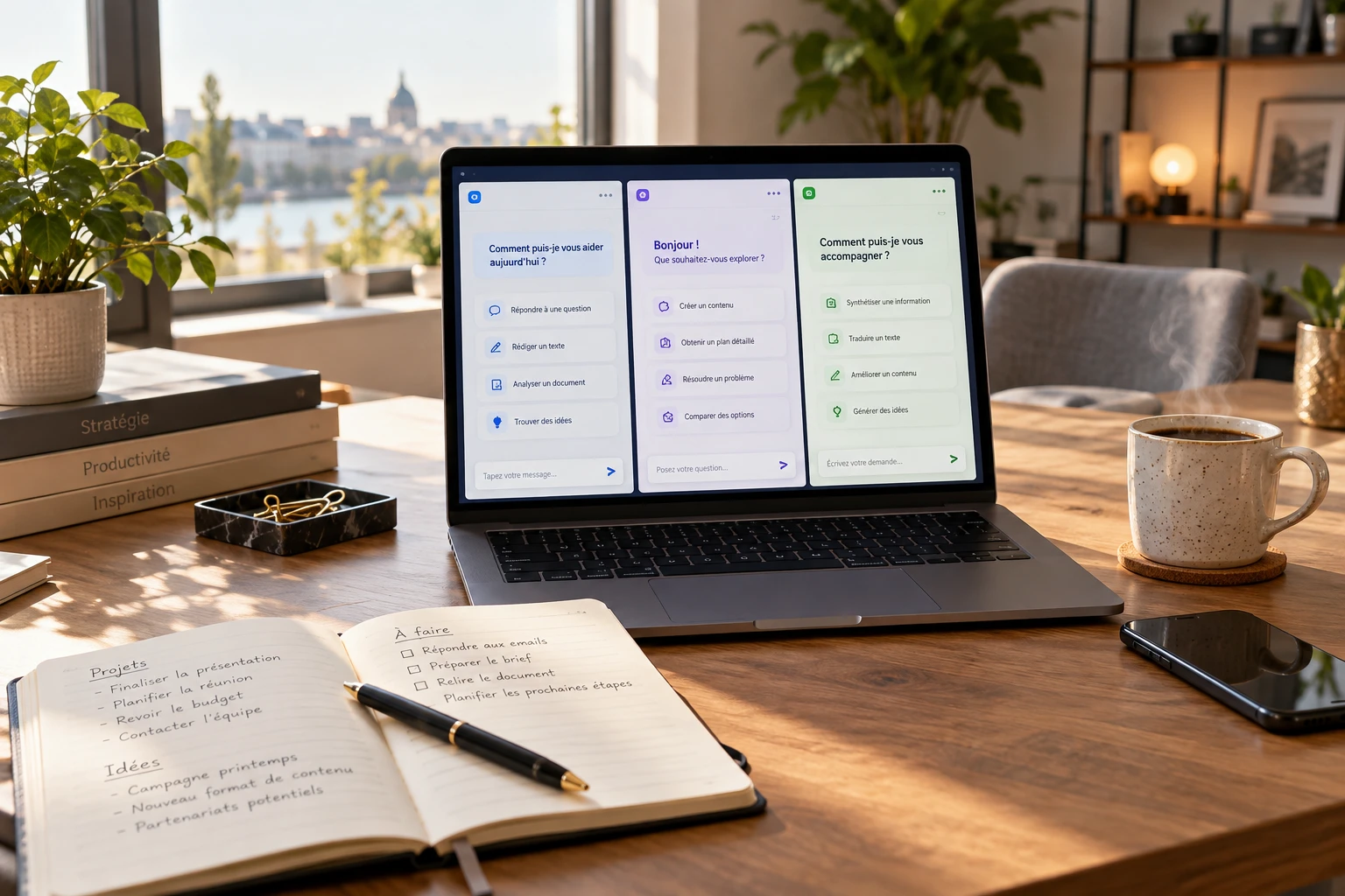 Bureau avec ordinateur portable comparant plusieurs assistants d'intelligence artificielle alternatifs à ChatGPT