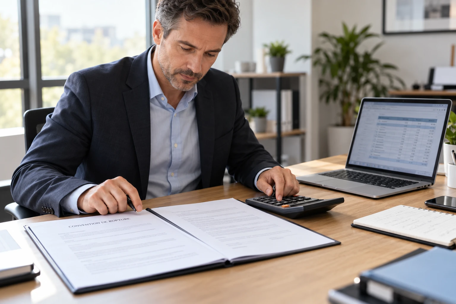 Salarié calculant son indemnité de rupture conventionnelle avec une calculatrice et la convention posée sur son bureau