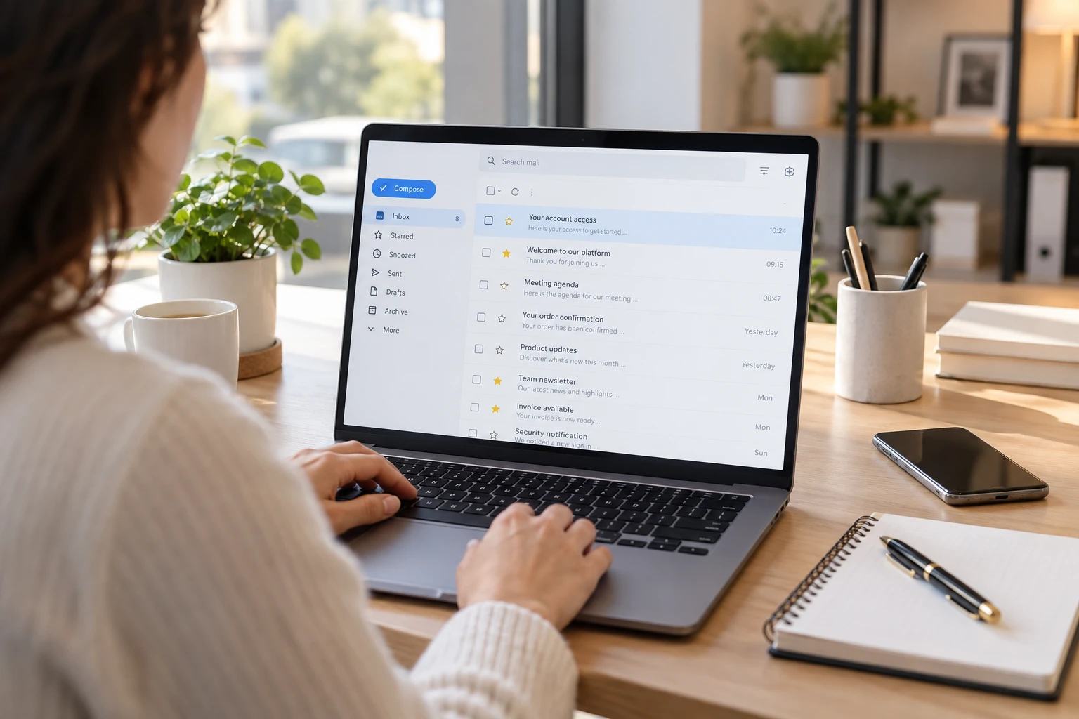 Personne consultant sa messagerie sur un ordinateur portable pour retrouver son accès à une plateforme d'accompagnement