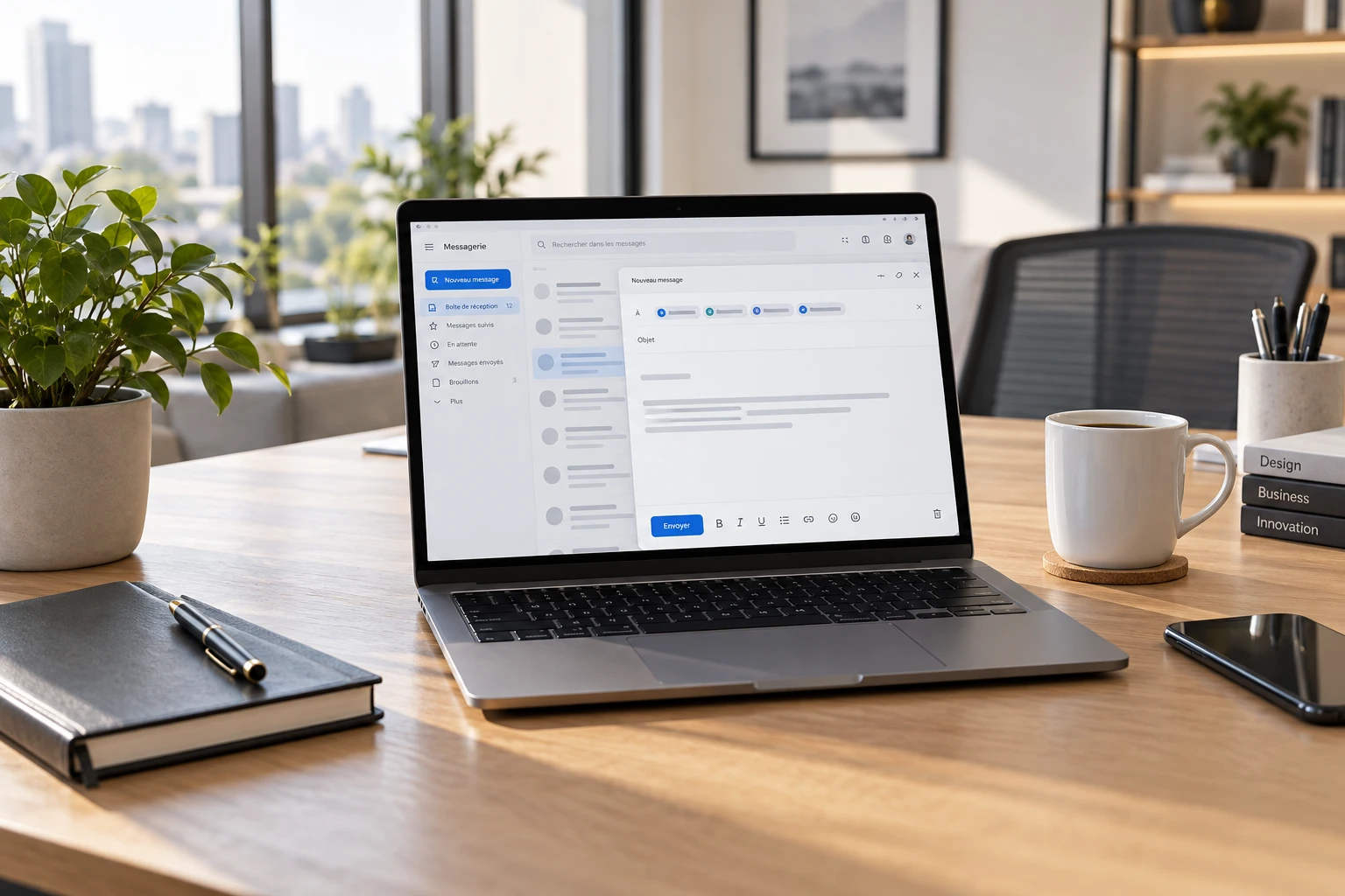 Ordinateur portable affichant la rédaction d'un mail à plusieurs destinataires sur un bureau de travail