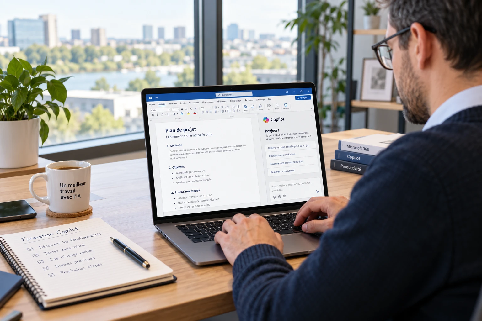 Professionnel suivant une formation Copilot sur ordinateur portable dans un bureau lumineux