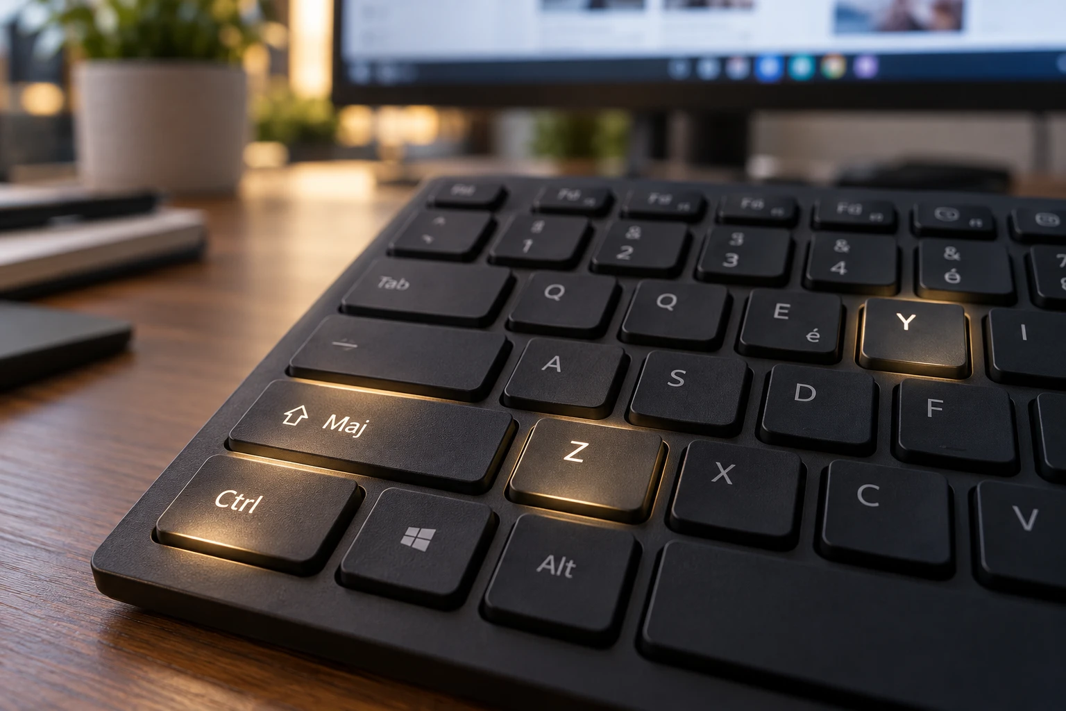 Clavier d'ordinateur en gros plan avec les touches Ctrl, Maj, Z et Y mises en évidence