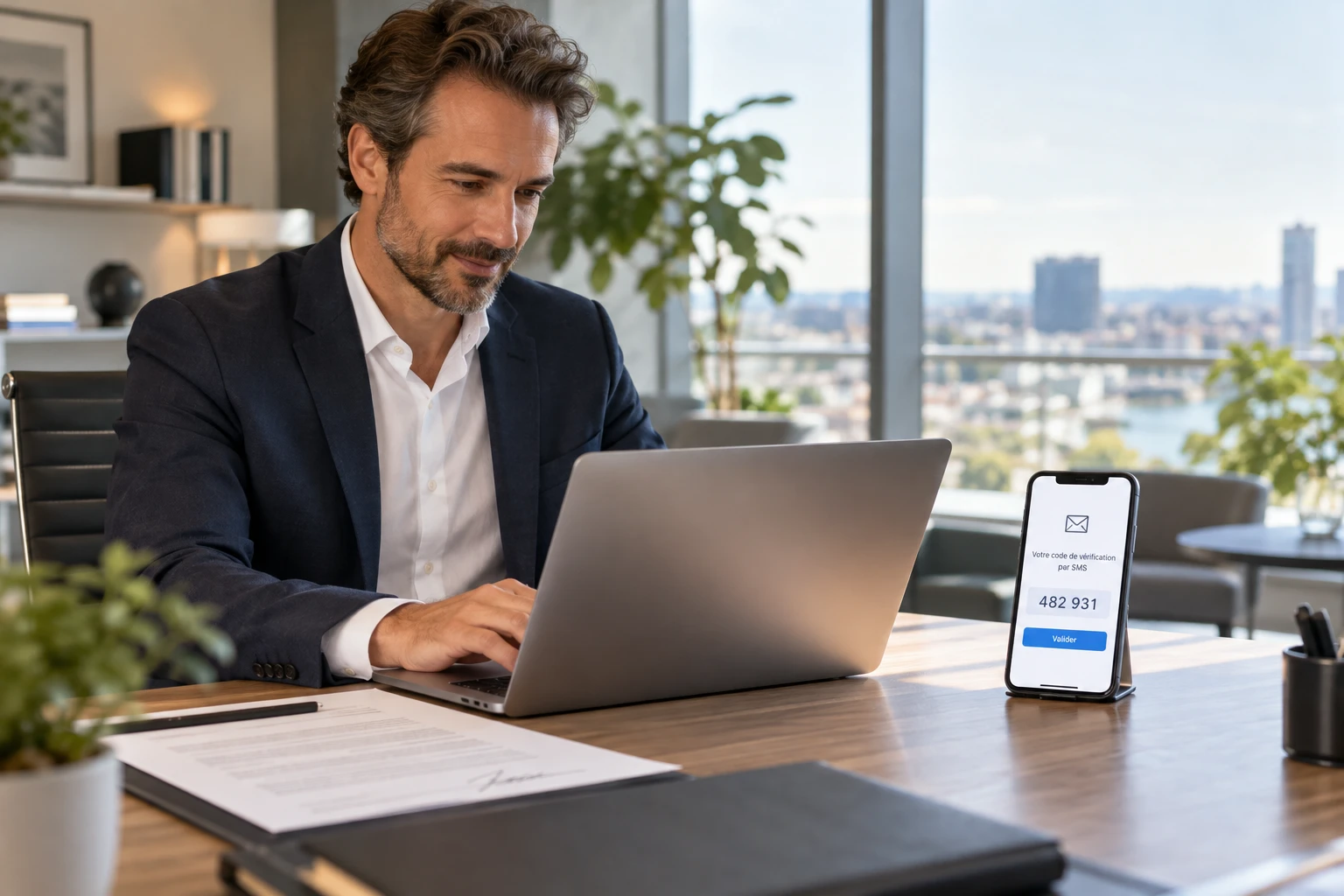 Dirigeant signant électroniquement un contrat sur ordinateur avec un code SMS affiché sur son smartphone