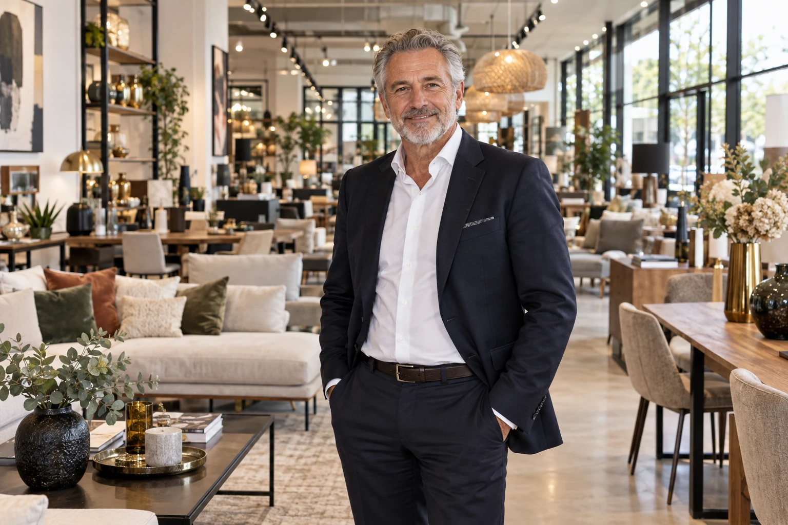 Dirigeant en costume dans un magasin de décoration évoquant le parcours du fondateur de Maisons du Monde