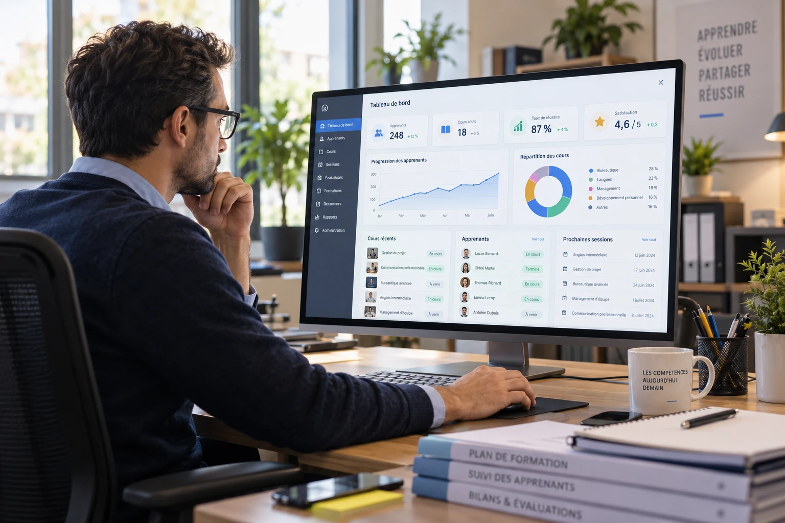 Gestionnaire de centre de formation consultant un portail de gestion Ypareo sur un ordinateur
